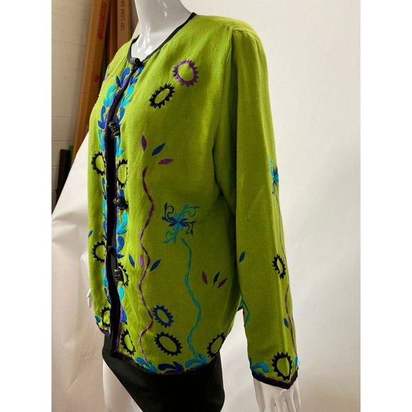 Allure Womens Jacket Green Blue Floral Long Sleeve Toggle Embroidered M - Picture 4 of 12